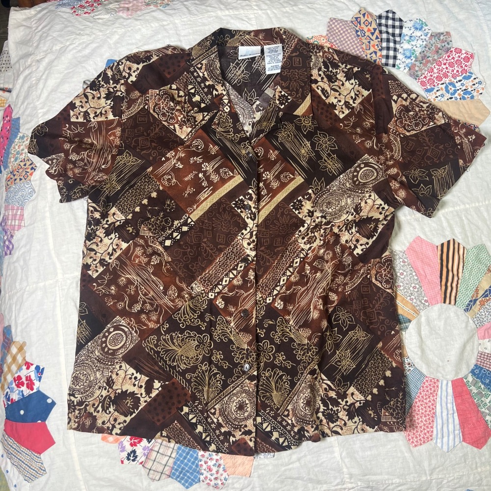 Bobbie Brooks Brown Patchwork Batik Rayon 2 Piece Set Shirt Pants Ladies Large - Picture 6 of 8